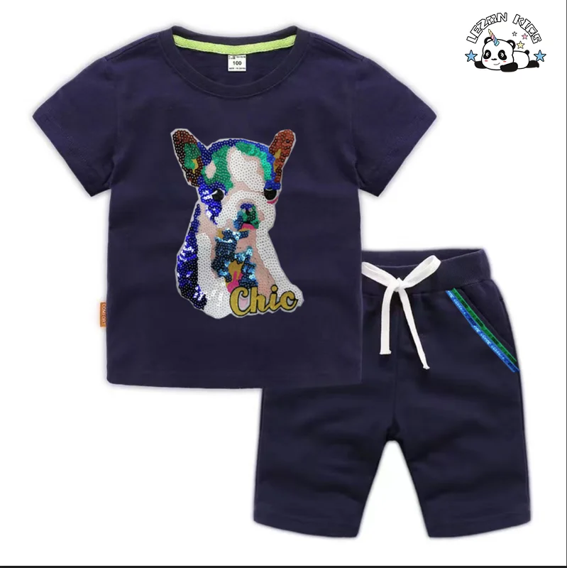 LEZONKIDS - Customized Summer Children's Clothing Sequined Sets for Daily Wear Cotton Boys Clothing Sets